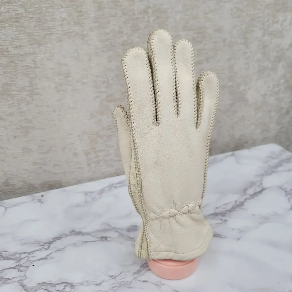 Vintage Deerskin Leather Bone Colored Leather Driving Gloves